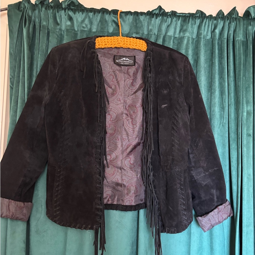 Women's Vintage Black Suede Jacket with Fringe